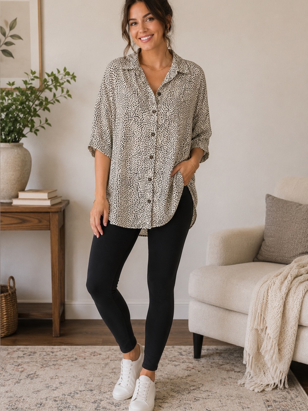 Black‎ and creamy-white Polka Dot Oversized Button up Blouse